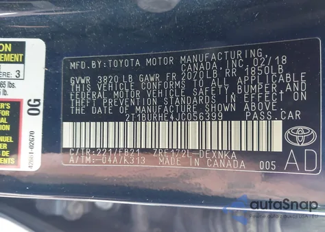 2018 Toyota Corolla Le z USA, uszkodzony, nr VIN 2T1BURHE4JC056399